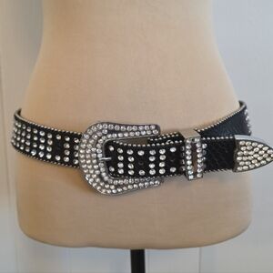 Black Leather Rhinestone Studded Belt Silver Tone Buckle Women Size S